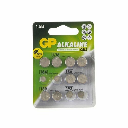 Батарейки алкалин GP, LR44(A76)-4шт, LR60(164)-2шт, LR43(186)-2шт, LR54(189)-2шт, LR41(192)-2шт (комплект из 3 шт) батарейка gp набор alcaline cell lr44 lr60 lr43 lr54 lr41 в упаковке 12 шт