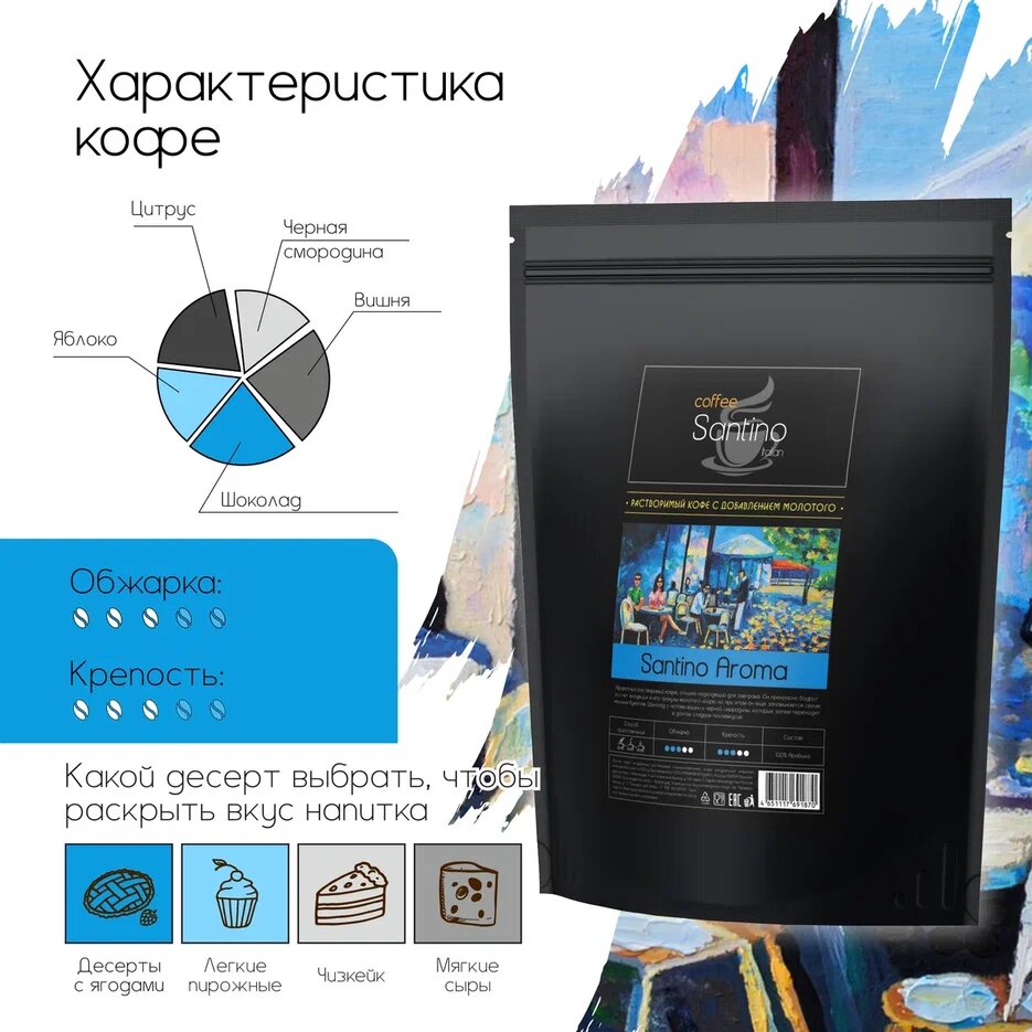 Кофе растворимый 500гр с добавлением натурального жареного молотого кофе Santino Aroma — фото 1