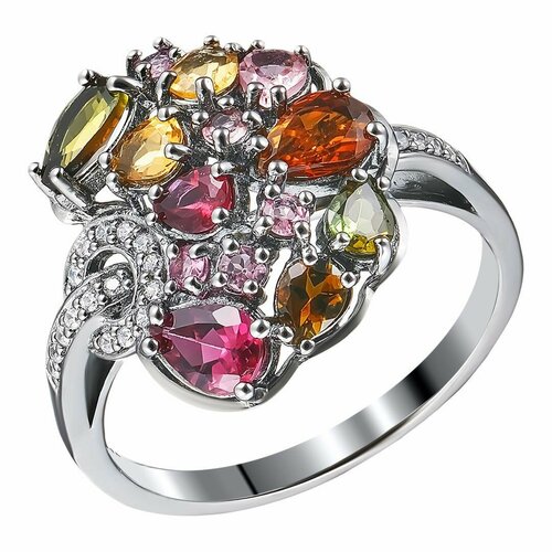 фото Перстень uvi серебряное кольцо с мультитурмалинами и фианитами, серебро, 925 проба, родирование, фианит, турмалин, размер 17, серебряный, бесцветный