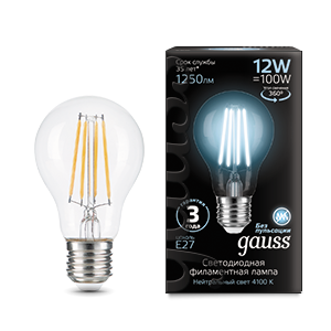 Лампа Gauss Filament А60 12W 1250lm 4100К Е27 LED 102902212