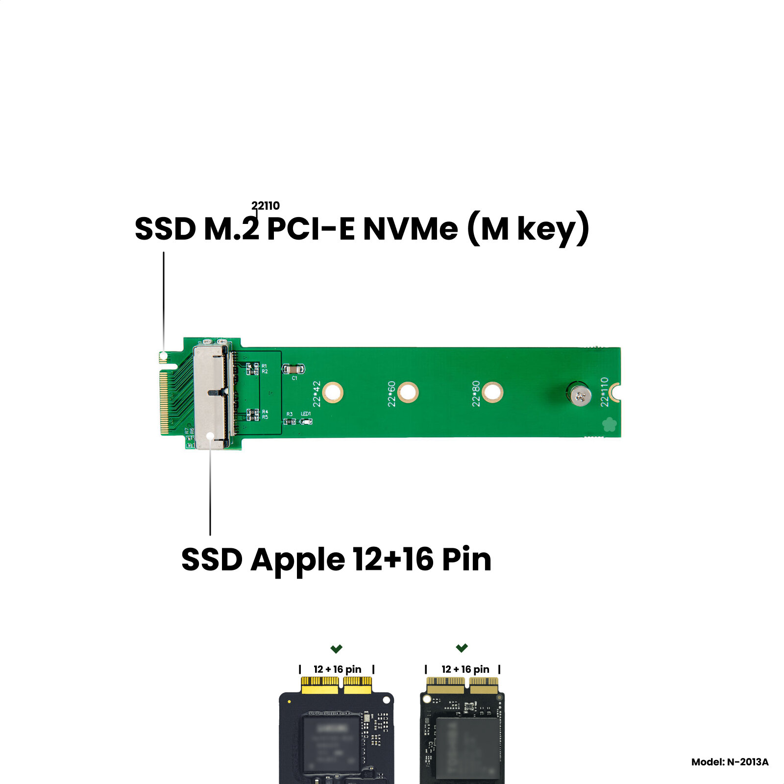 Адаптер-переходник для установки SSD 12+16 pin от MacBook Air 11/13" Pro Retina 13/15" iMac 21.5/27" Mac Pro 2013-2019 в разъем M.2 M-key