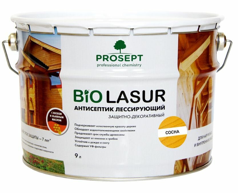 фото Антисептик лессирующий защитно-декоративный PROSEPT BiO LASUR сосна 9 л + перчатки