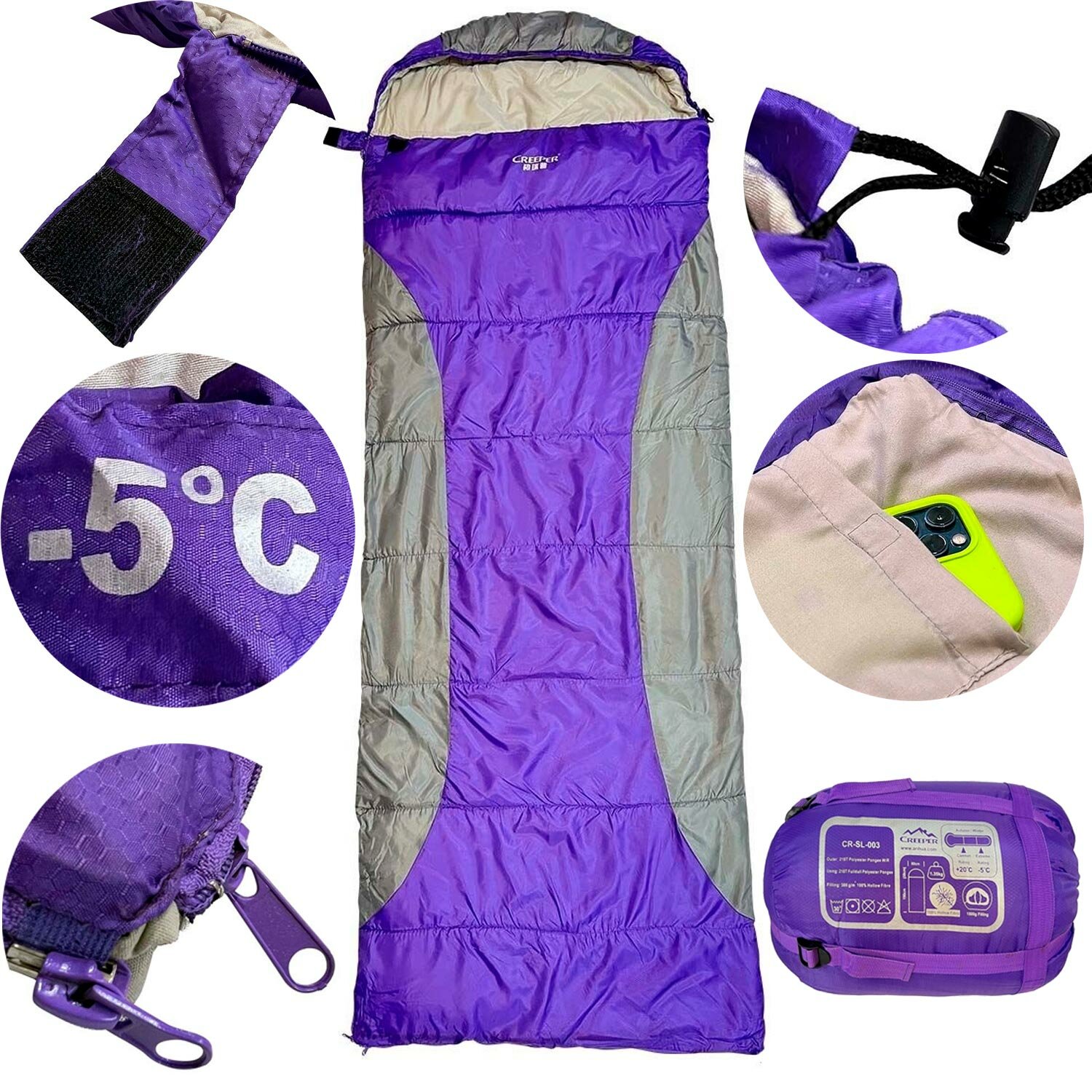 фото Спальный мешок -5°С / размер 190х75см R с подголовником и капюшоном +15/30см Coolwalk молния справа цвет фиолетовый