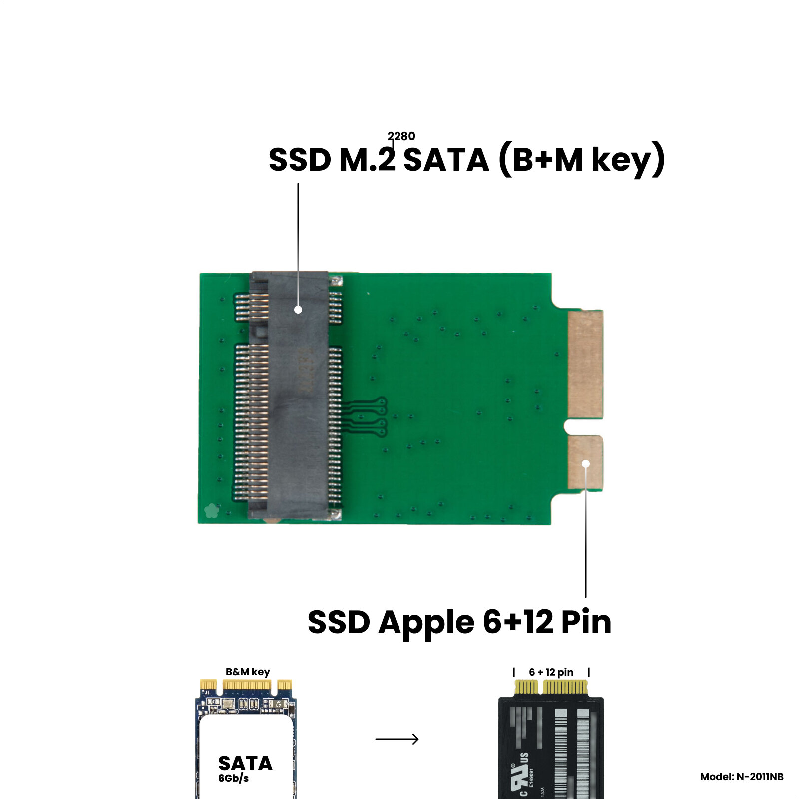 Адаптер-переходник для установки SSD M.2 SATA (B+M key) в разъем SSD 6+12 Pin на MacBook Air 11" A1370 / 13" A1369 2010 - 2011 NFHK N-2011NB