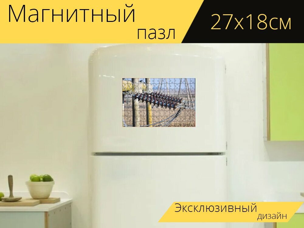 Магнитный пазл "Изоляторы, высокое напряжение, электричество" на холодильник 27 x 18 см.