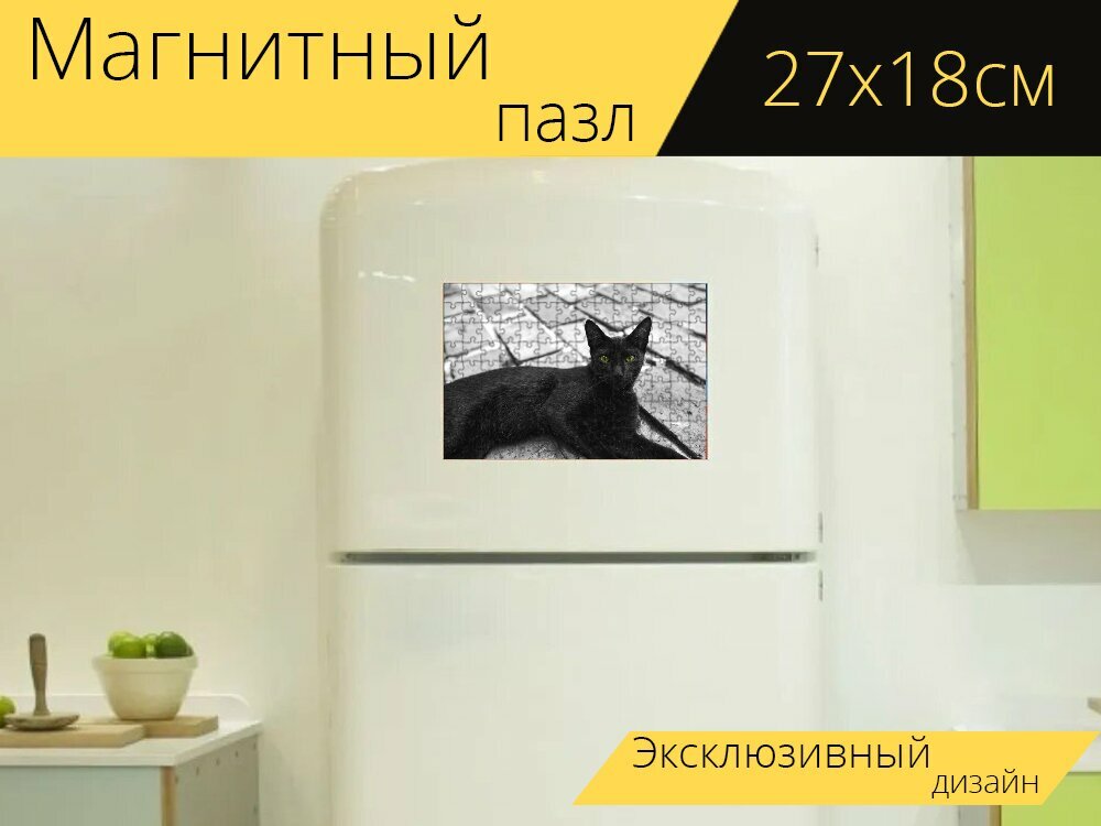 Магнитный пазл "Черный кот, кошка, кошачий" на холодильник 27 x 18 см.