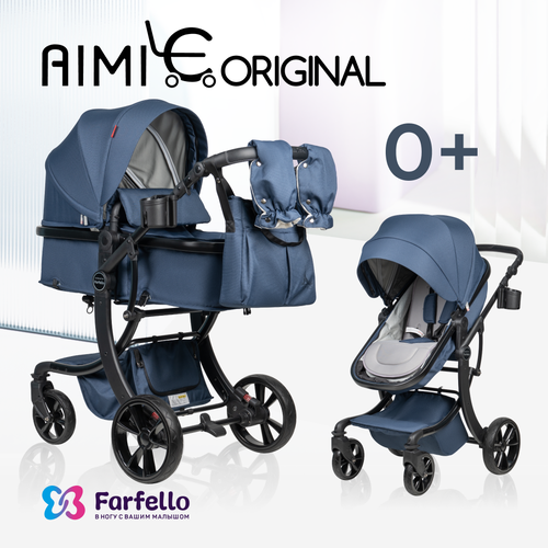 фото Детская коляска трансформер 2 в 1 aimile original new black, темно-синий farfello