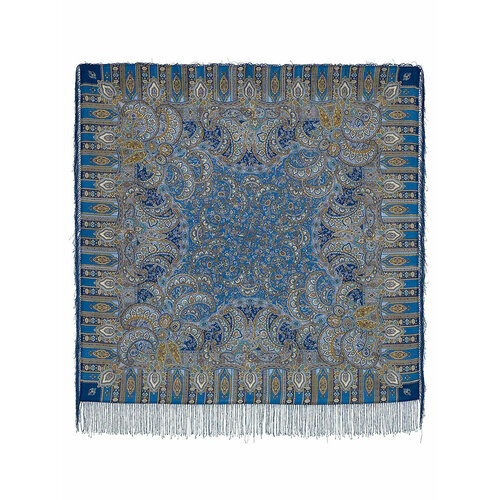фото Платок павловопосадская платочная мануфактура, шерсть, с бахромой, 125х125 см, синий