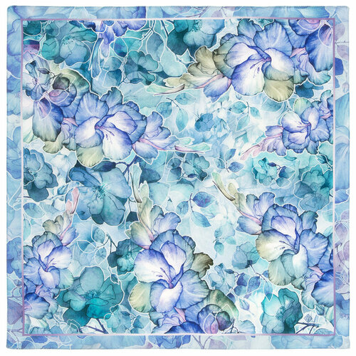 фото Платок павловопосадская платочная мануфактура, натуральный шелк, 65х65 см, бирюзовый, синий