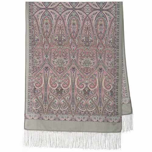 фото Шарф павловопосадская платочная мануфактура, шерсть, с бахромой, 150х60 см, one size, розовый, серый