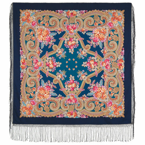 фото Платок павловопосадская платочная мануфактура, шерсть, с бахромой, 148х148 см, синий