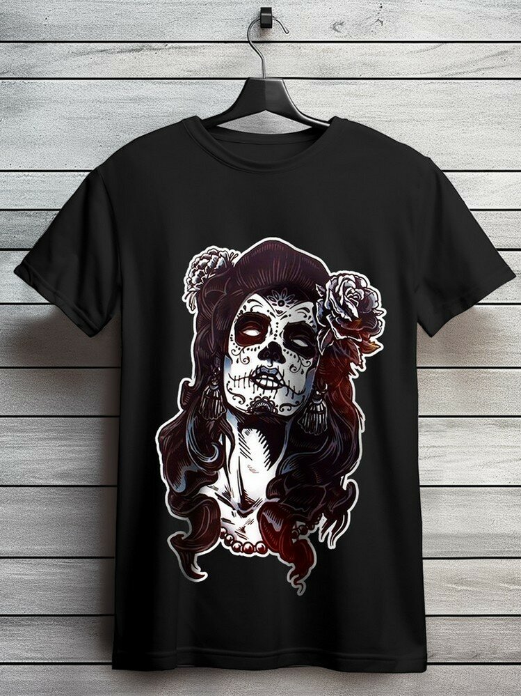 Футболка Футболка унисекс черная из хлопка с DTF принтом Хеллоуин Девушка (санта муэрте, день мертвых, осень, подарок, Helloween) - 9456