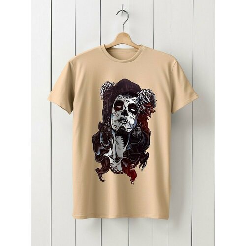 фото Футболка hypnotica футболка унисекс бежевая из хлопка с dtf принтом хеллоуин девушка (санта муэрте, день мертвых, осень, подарок, helloween) - 9410, размер 3xl, бежевый