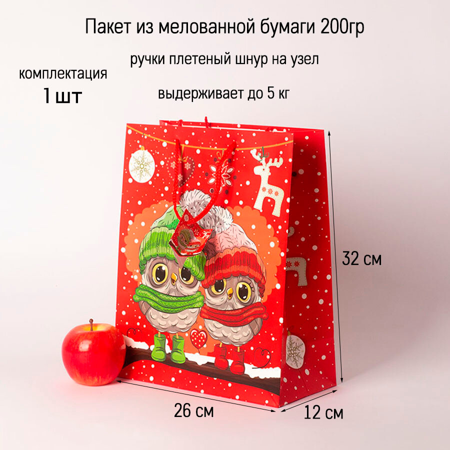 Пакет новогодний 26х32x12, совушки, красный, меловка (1шт)