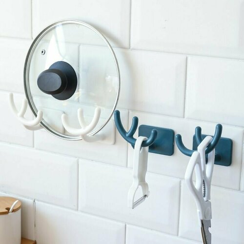 Комплект настенных крючков Рога Оленя 2шт белых, 2шт синий Набор в прихожую, кухню, спальню, ванную