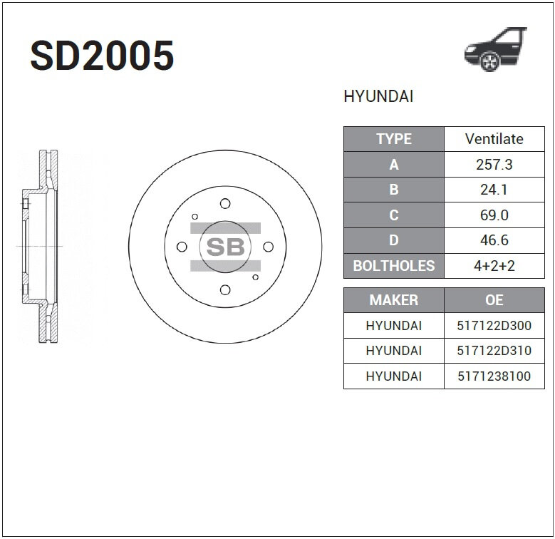 Диск Тормозной Hyundai Elantra 00-/Lantra/Matrix 01-/Kia Cerato 1.6 06- Передний Sangsin brake арт. SD2005