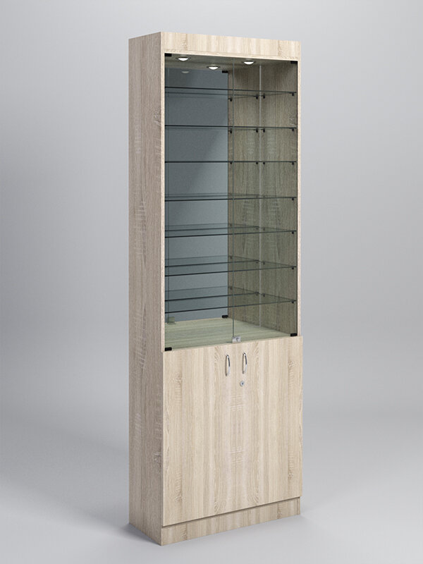 Витрина №6-3 (с дверками, задняя стенка - зеркало), Дуб Сонома 70 x 30 x 210 см
