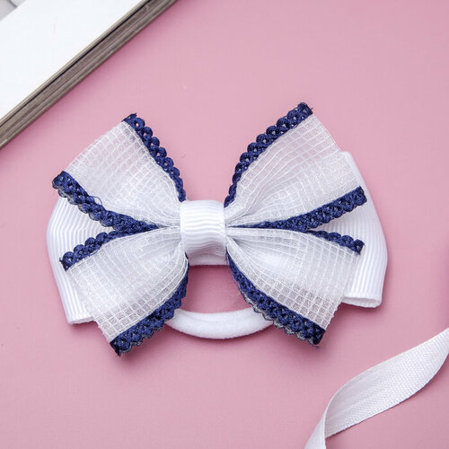 Бант на резинке Школьница клеточка ажур 7 см бело-синий 6 шт 1070₽