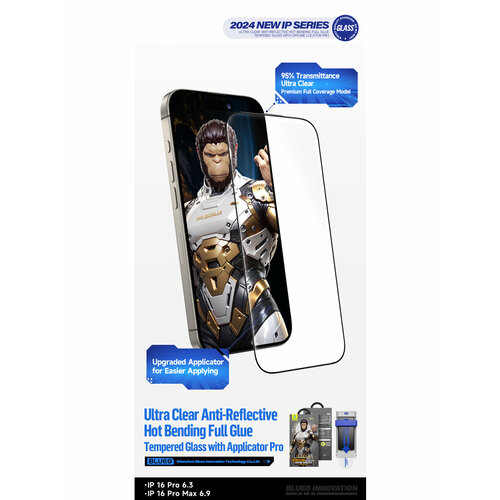 BlueO стекло для iPhone 16 Pro, 3D AR Curved Hot Bending Anti-reflective Black (+installer)