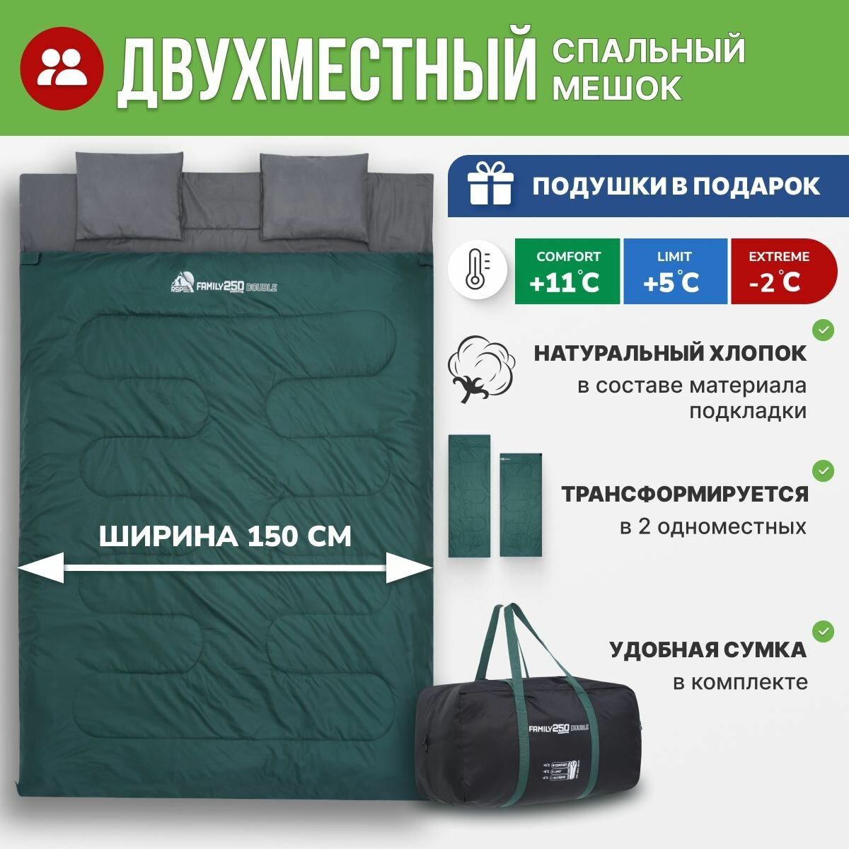 Спальный мешок двухместный RSP FAMILY 250 DOUBLE (2 подушки в комплекте)