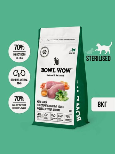 Изображение товара BOWL WOW Fresh Meat сухой корм для взрослых стерилизованных кошек с индейкой, курицей и шпинатом - 8 кг
