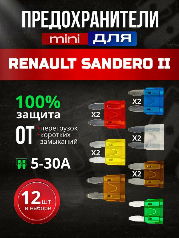 Предохранители для Рено Сандеро 2 (Renault Sandero II) / автомобильный набор Мини, 12 штук с пинцетом / флажковые 5-30 А