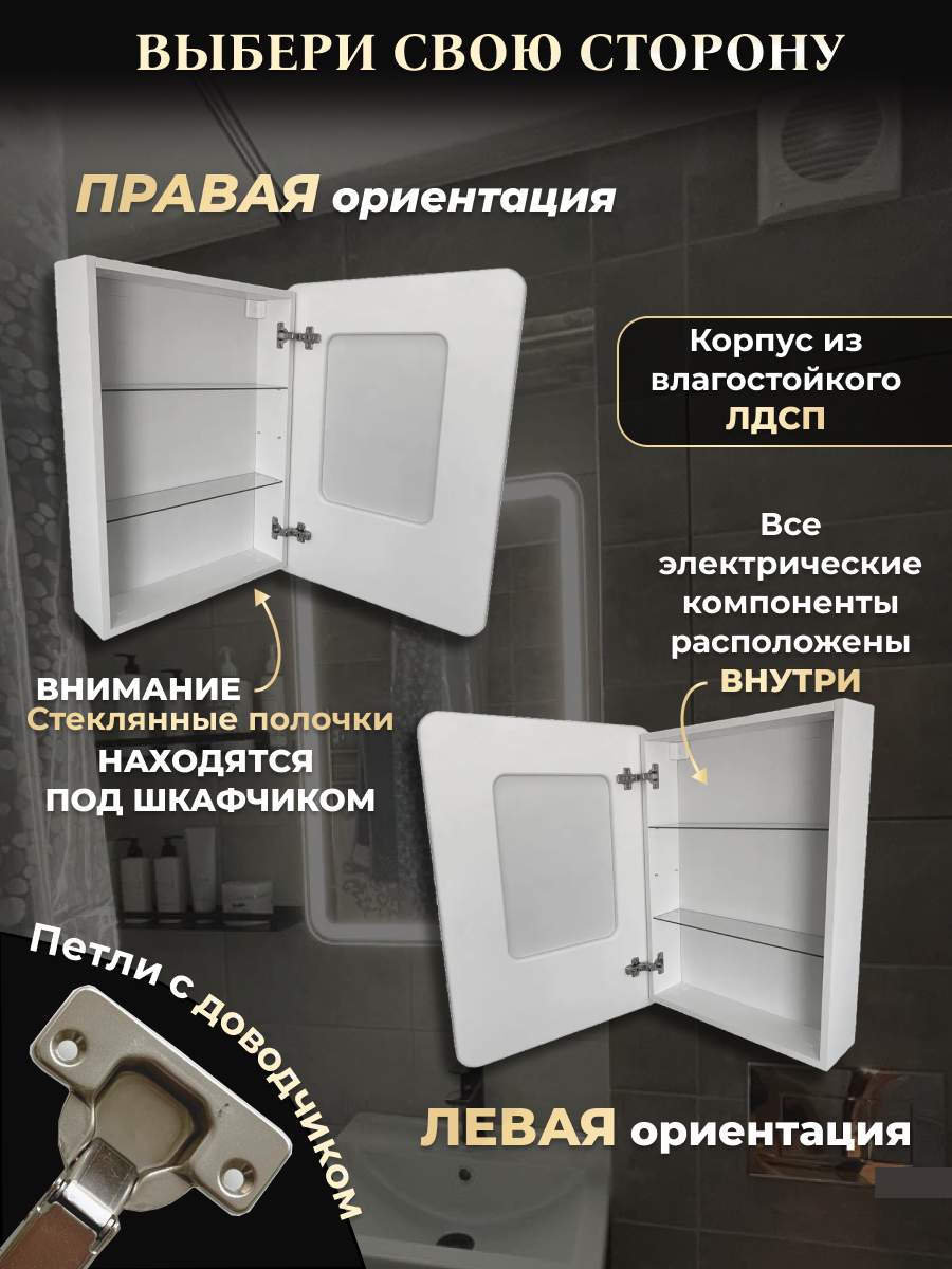 Зеркало шкаф с подсветкой в ванную Мира ЛАЙТ 60х75 левое, Подсветка холодная, белый — фото 1
