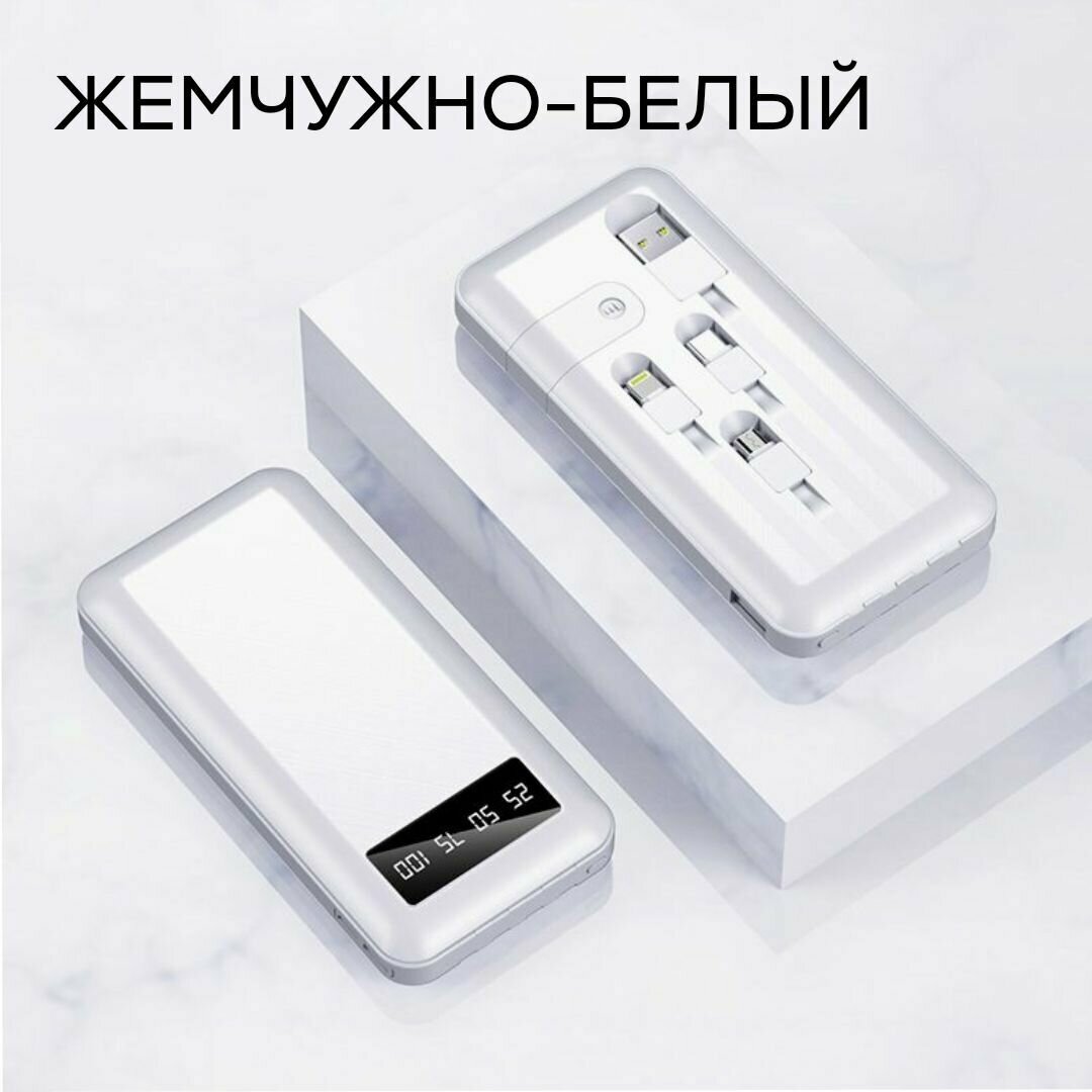 Портативный аккумулятор, повербанк 10 000 mAh, внешний аккумулятор со встроенными кабелями USB, Type-c, lightning, micro-usb