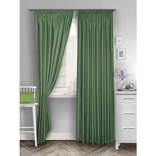 Комплект штор для комнаты блэкаут рогожка на ленте 60 мм, две портьеры общей шириной 500 см и высотой 250 см, зеленый цвет