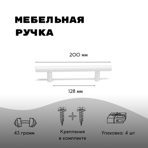 Ручка мебельная рейлинг, d=12мм, м/о 128мм, RRL001WH белый, 4 шт.