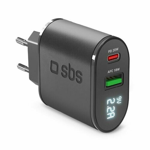 Sbs-mobile SBS Mobile Сетевое зарядное устройство с ЖК экраном type-C, PD 20 W + 1 USB AFC, черное