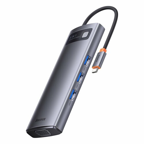 USB-концентратор Baseus BS-OH046, Metal Gleam, пластик, алюминий, 8 Гнезд, PD, 3xUSB3.0, 2хHDMI, SD, TF, Вход: 5 В/3 А, Выход: 5 В/0,9 А, цвет: серый