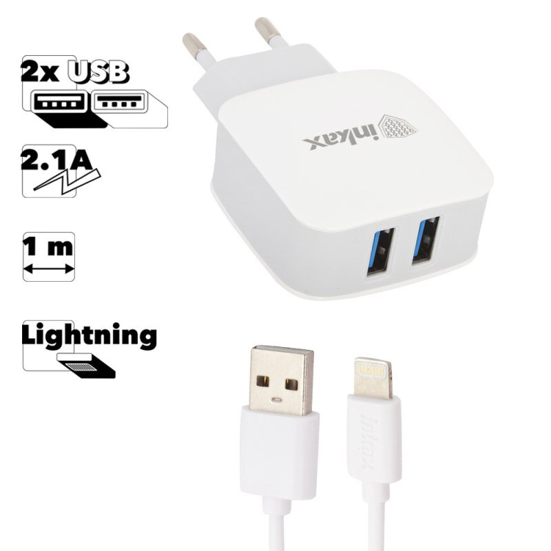 Блок питания (сетевой адаптер) inkax CD-28 Nice Trip 2xUSB 2.1А с кабелем Lightning 8-pin 1м (белый)