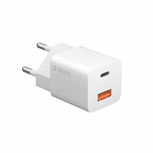 Сетевое зарядное устройство Deppa USB-C + USB-A, PD 3.0, QC 3.0, GaN, 20Вт, белый сзу deppa usb a usb c pd qc 3 0 33w дисплей черный арт 11439