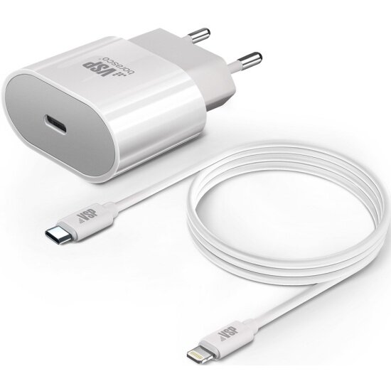 Сетевое зарядное устройство Borasco Power Delivery, 20 Вт + кабель USB-C - 8 pin, 3А, 1м, белый