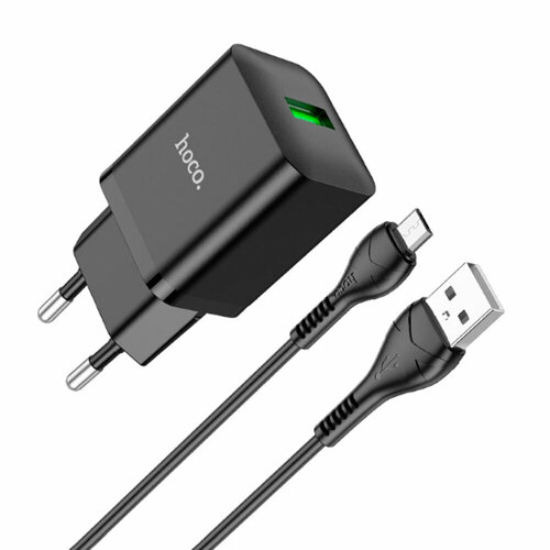 Блок питания сетевой 1 USB HOCO N26, Maxim, 3000mA, 18Вт, QC3.0, кабель микро USB, цвет: чёрный блок питания автомобильный 1 usb borofone bz19a wisdom 18вт qc3 0 кабель микро usb цвет синий