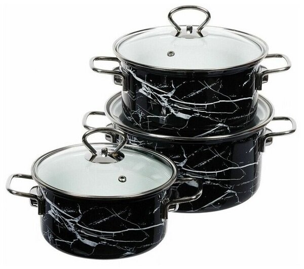 Набор посуды эмаль 3ПР черный МРАМОР-1 экстра СТ/КР ЦИЛ (1л15л23л) КМЗ