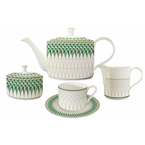 Сервиз чайный, 6 перс, 21 пр, фарфор F, бело-зеленый, с золотистым кантом, Emerald