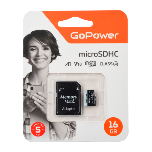 Карта памяти 16Gb MicroSD GoPower + SD адаптер (00-00025674) карта памяти ноу хау microsdhc 32gb c10 v30 u3 адаптер