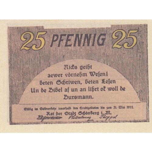 Германия (Веймарская Республика) Шёнберг 25 пфеннигов 1922 г. (3)