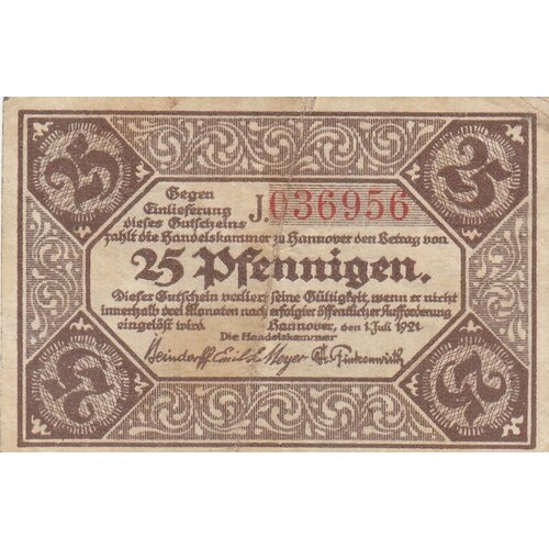 Германия (Веймарская Республика) Ганновер 25 пфеннигов 1921 г. (7) германия веймарская республика ганновер 50 пфеннигов 1921 г 2