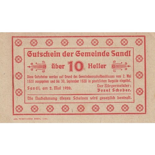 Австрия, Зандль 10 геллеров 1920 г. (№1) австрия унтергайсбах 10 геллеров 1920 г 2 2