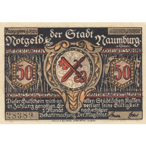 Германия (Веймарская Республика) Наумбург 50 пфеннигов 1920 г. (№5) германия веймарская республика наумбург 50 пфеннигов 1920 г 5