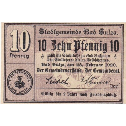 Германия (Веймарская Республика) Бад-Зульца 10 пфеннигов 1920 г. (2) германия веймарская республика бад мергентхайм 5 пфеннигов 1920 г