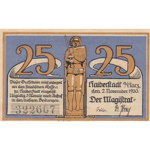 Германия (Веймарская Республика) Хальберштадт 25 пфеннигов 1920 г. (Вид 1) германия веймарская республика хальберштадт 25 пфеннигов 1920 г