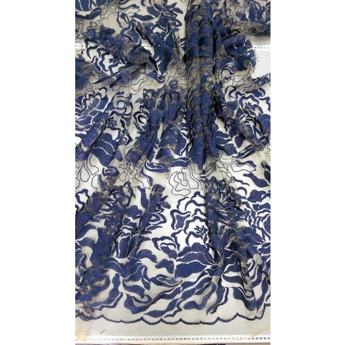 Ткань Кружево синее на телесной сетке ткань сетка с цветочной вышивкой италия