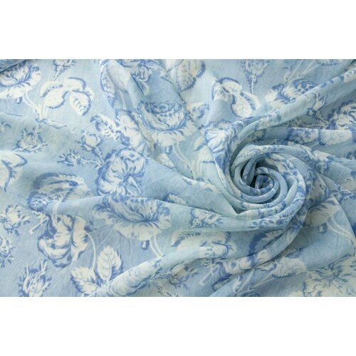 Ткань бело-голубой шифон с цветами
