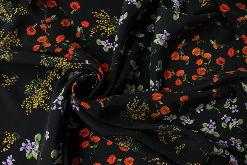 Ткань черный крепдешин с цветами