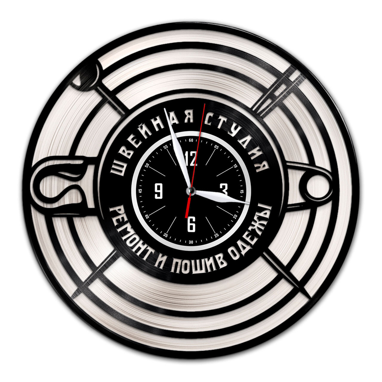 Швейная студия - настенные часы из виниловой пластинки (с серебряной подложкой)