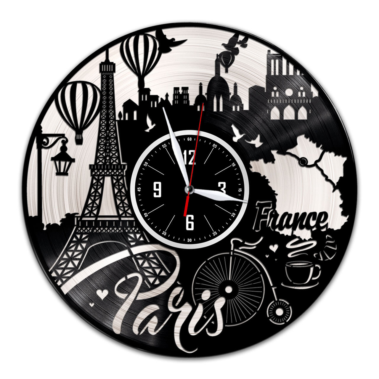 Париж - настенные часы из виниловой пластинки (с серебряной подложкой)